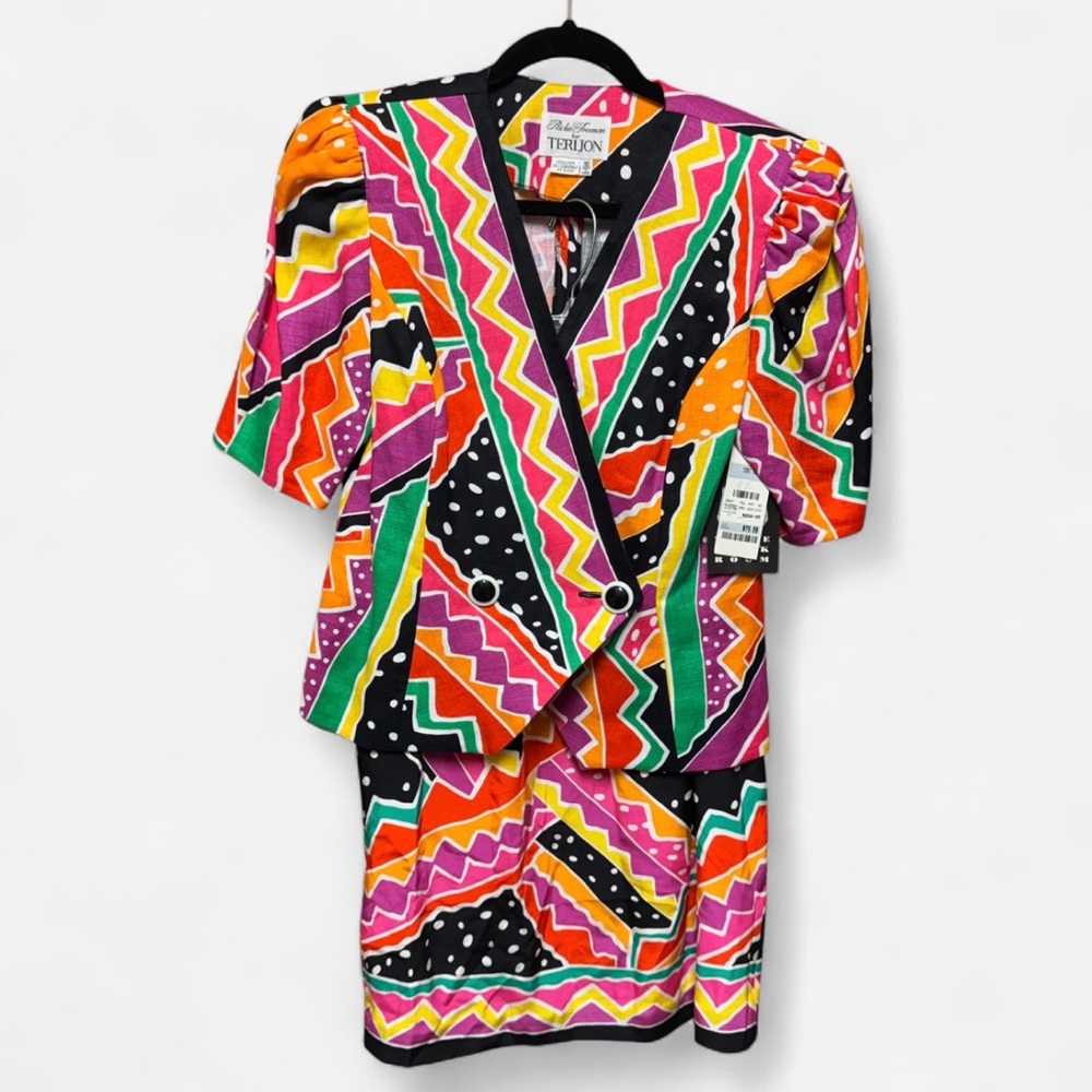 NWT Vintage Teri Jon Abstract Multicolored Printed Linen and Silk Suit